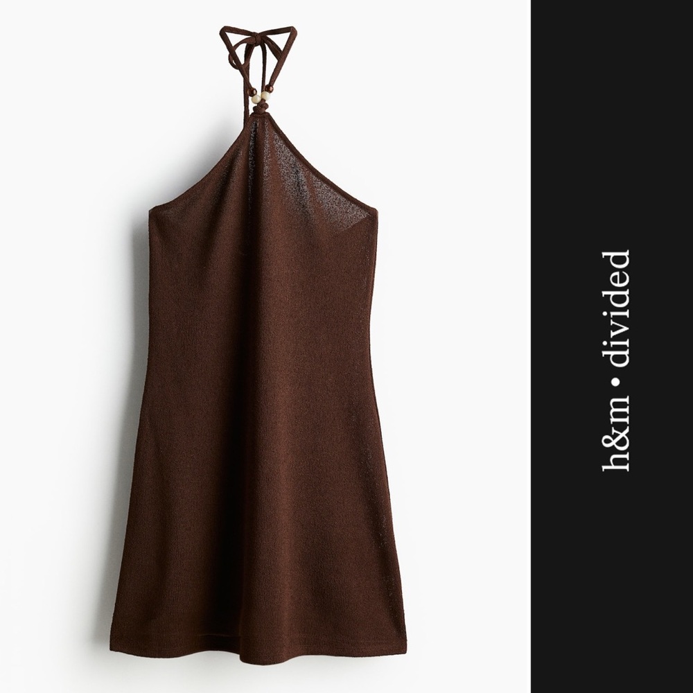 H&M Divided Bead-Detail Halter Neck Dress in Brown • S